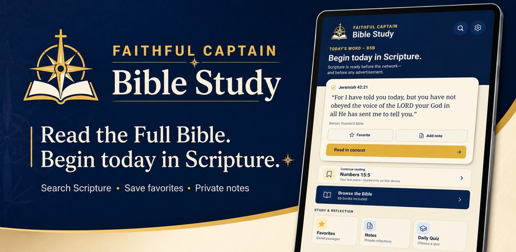 Faithful Captain Bible Study app shown on a tablet