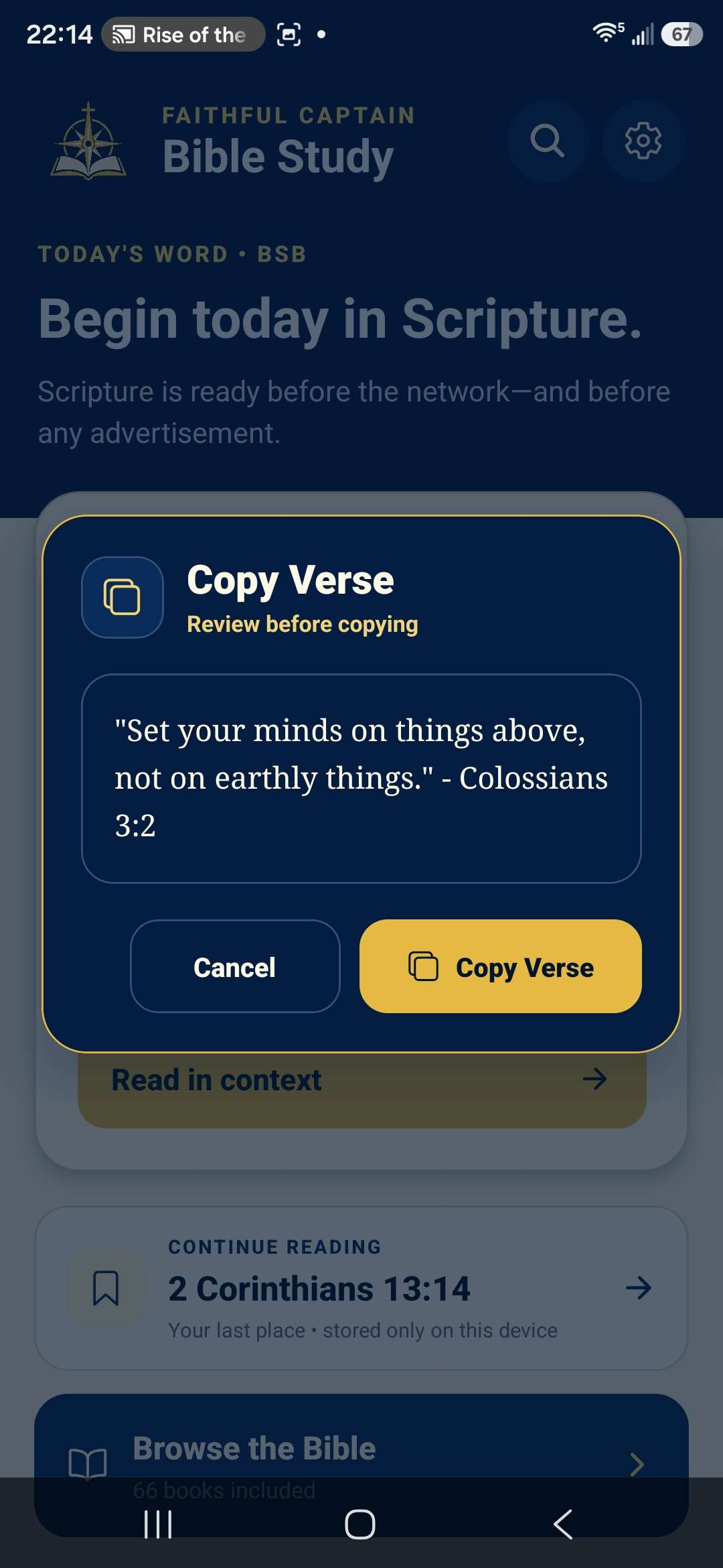 Faithful Captain Copy Verse dialog showing a verse ready to copy