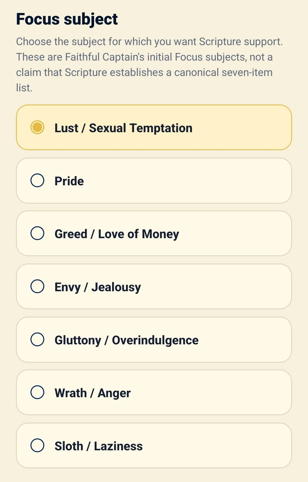 Faithful Captain list of Daily Verse focus subjects