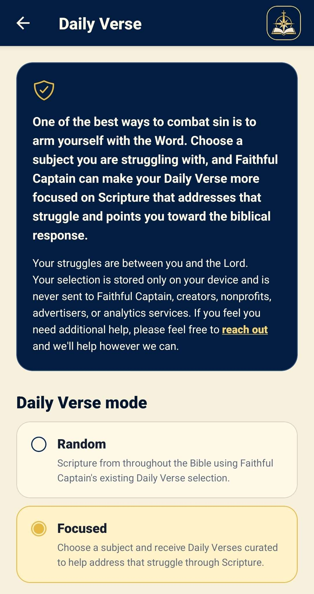 Faithful Captain Daily Verse screen with Focused mode selected