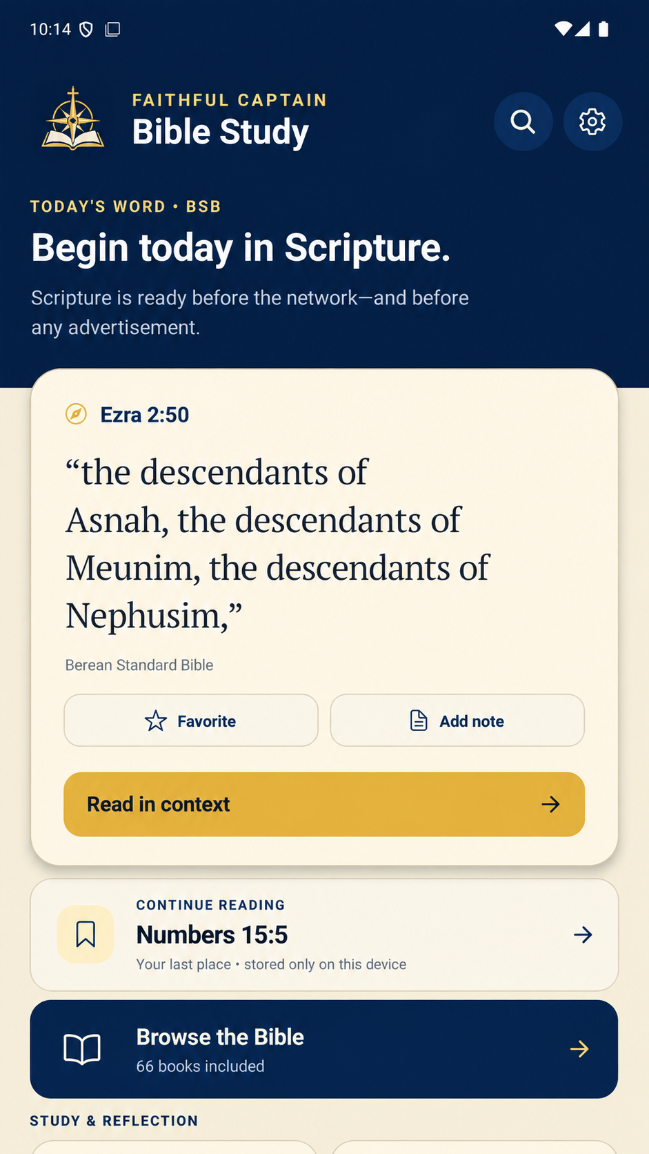 Faithful Captain home screen showing today's Scripture