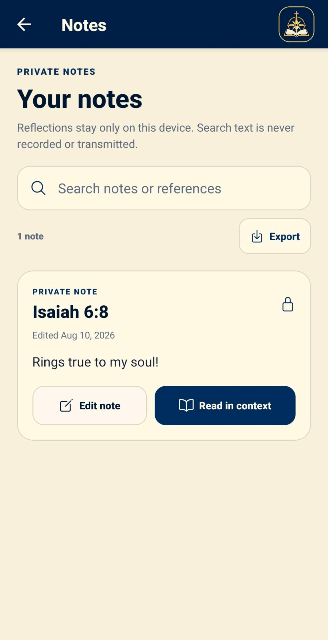 Faithful Captain private Notes screen