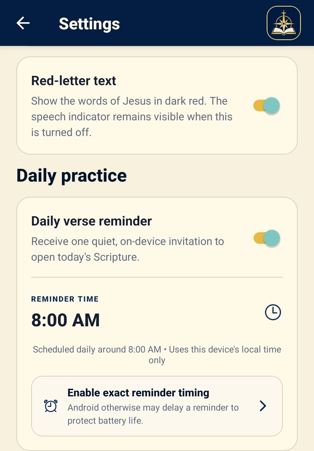 Faithful Captain daily verse reminder settings